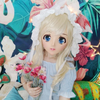 (ORANGE)Sweet Girl Resin Half Head Female Cartoon Character Kigurumi Mask With Cosplay Anime Role Lolita Mask Crossdress Doll